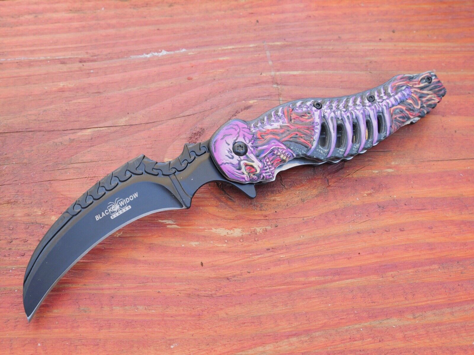 Skeleton Pocket Knife Spring Assisted Grim Reaper Design 8" Purple Folding Knife