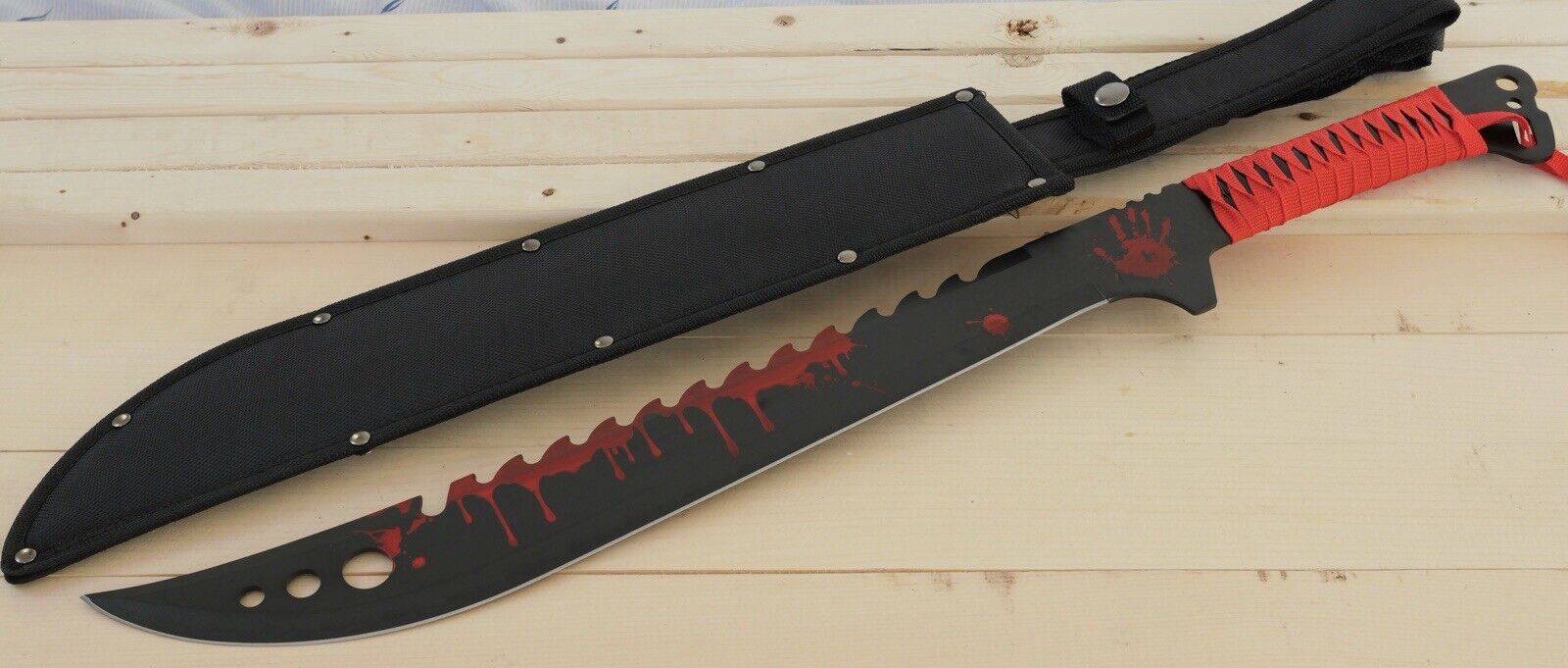 25” Machete Full Size Sawback Black Red Sharp Full Tang Nylon Sheath Back Strap