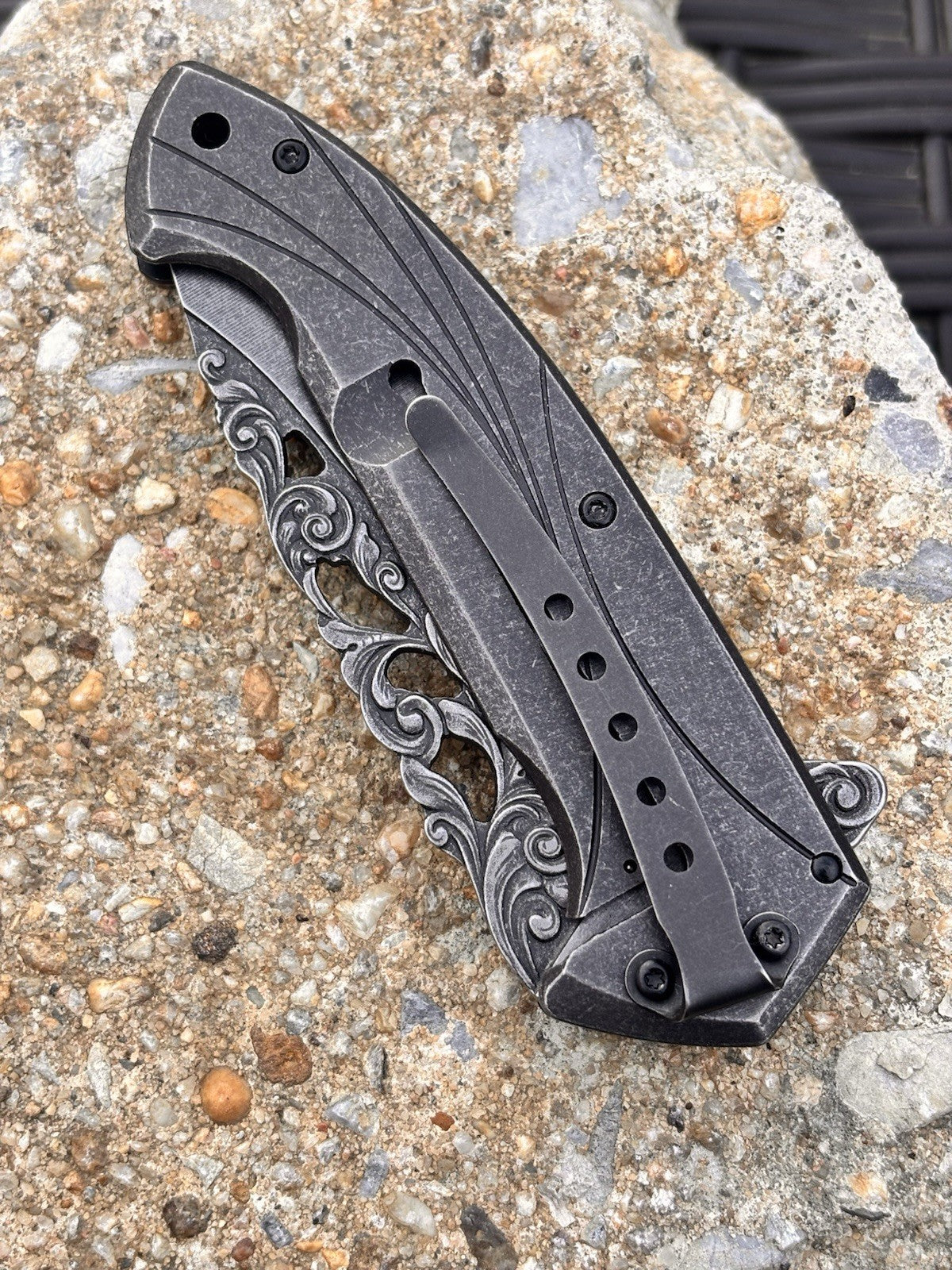 Spring Assist Pocket Knife Black Stonewashed Frame Lock Intricate Engraved Metal