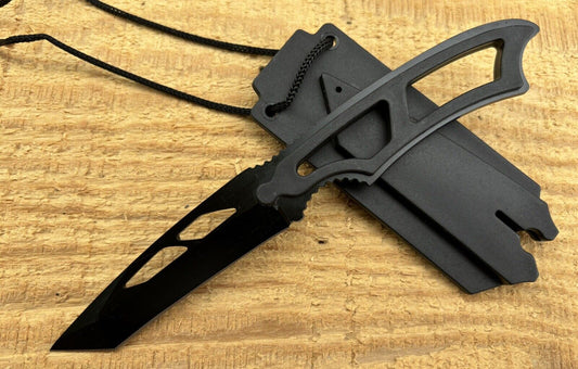 Neck Knife Full Tang Tanto Black Stealth 7.5” Overall Nylon Sheath EDC 