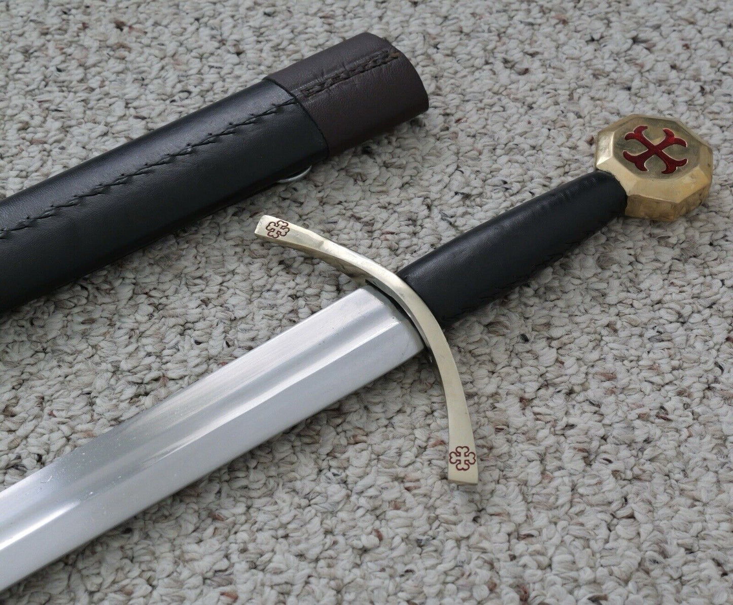 37” Knights Templar Sword Brass Ornate Leather Sheath Full Tang Double Edge