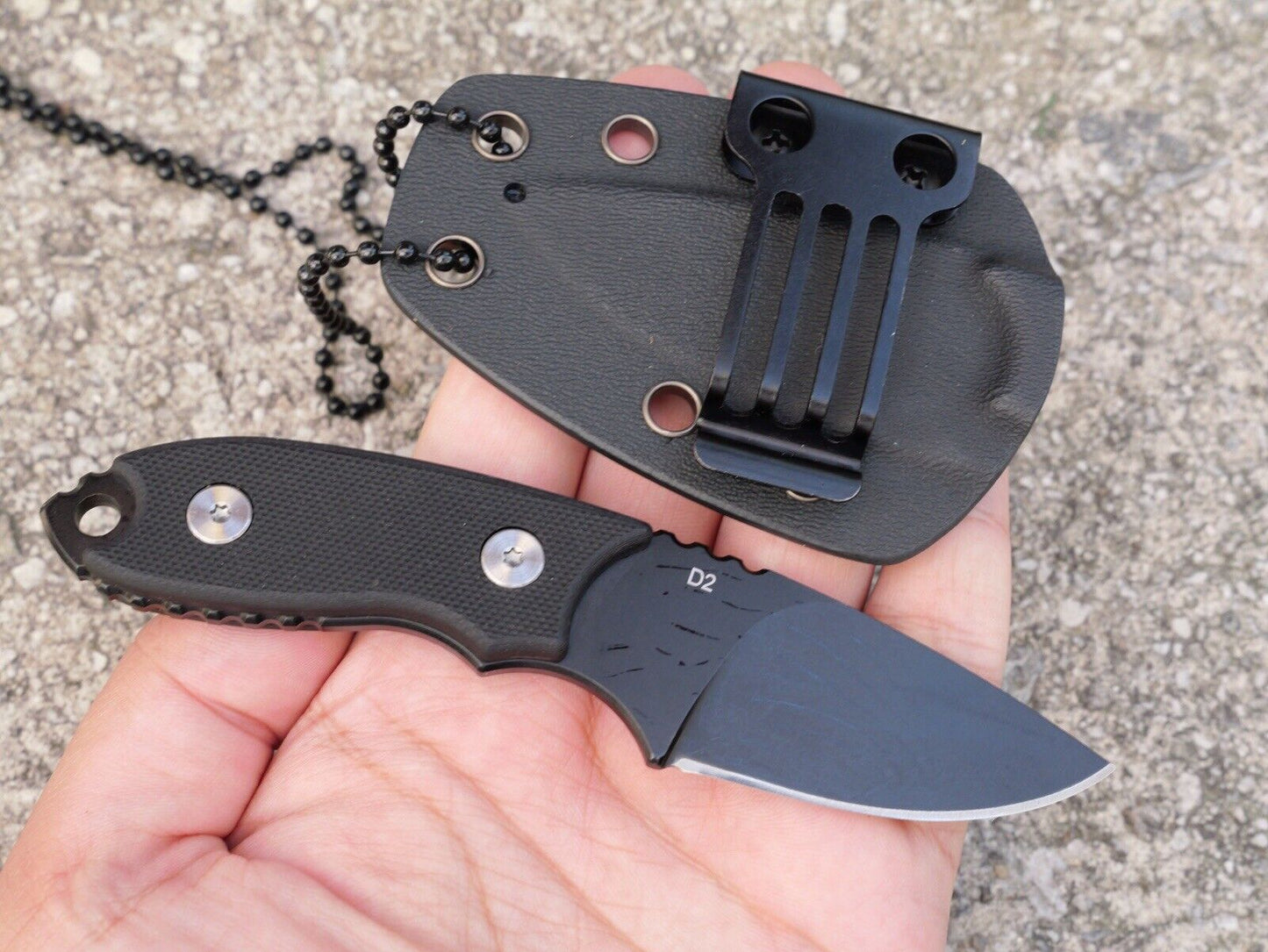 Neck Knife Conceal Carry 14cm Stealth Black Horizontal Carry Belt Clip D2 Steel 