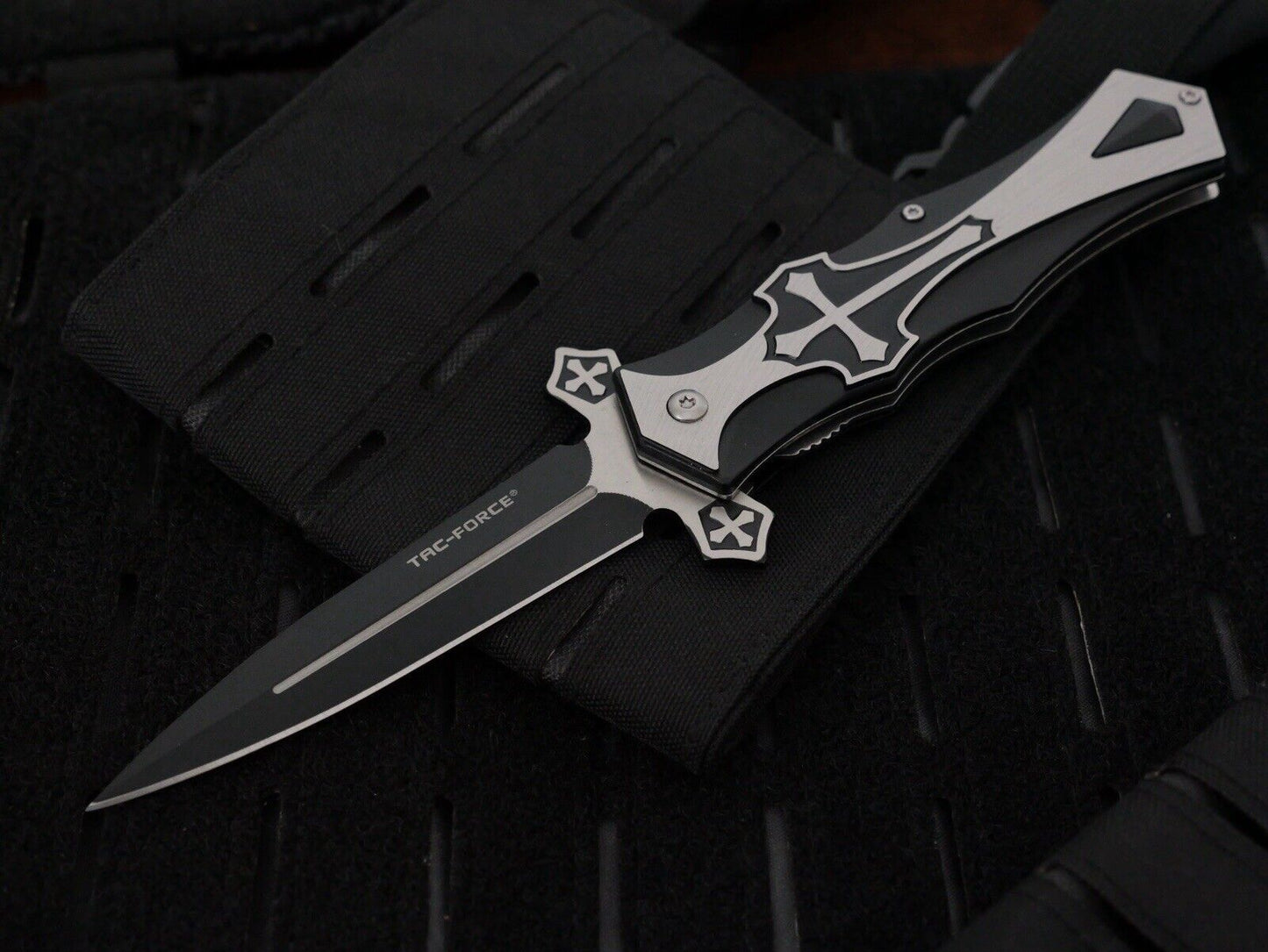 5” Cross Pocket Knife Black Full Size Spear Point Chrome Heart Sharp Assisted