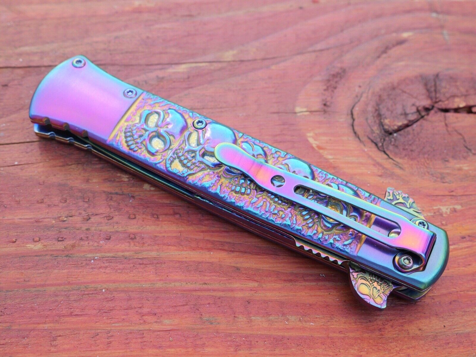 5” Folding Knife Skulls Titanium Full Size Pocket Knife Metal Handle Belt Clip