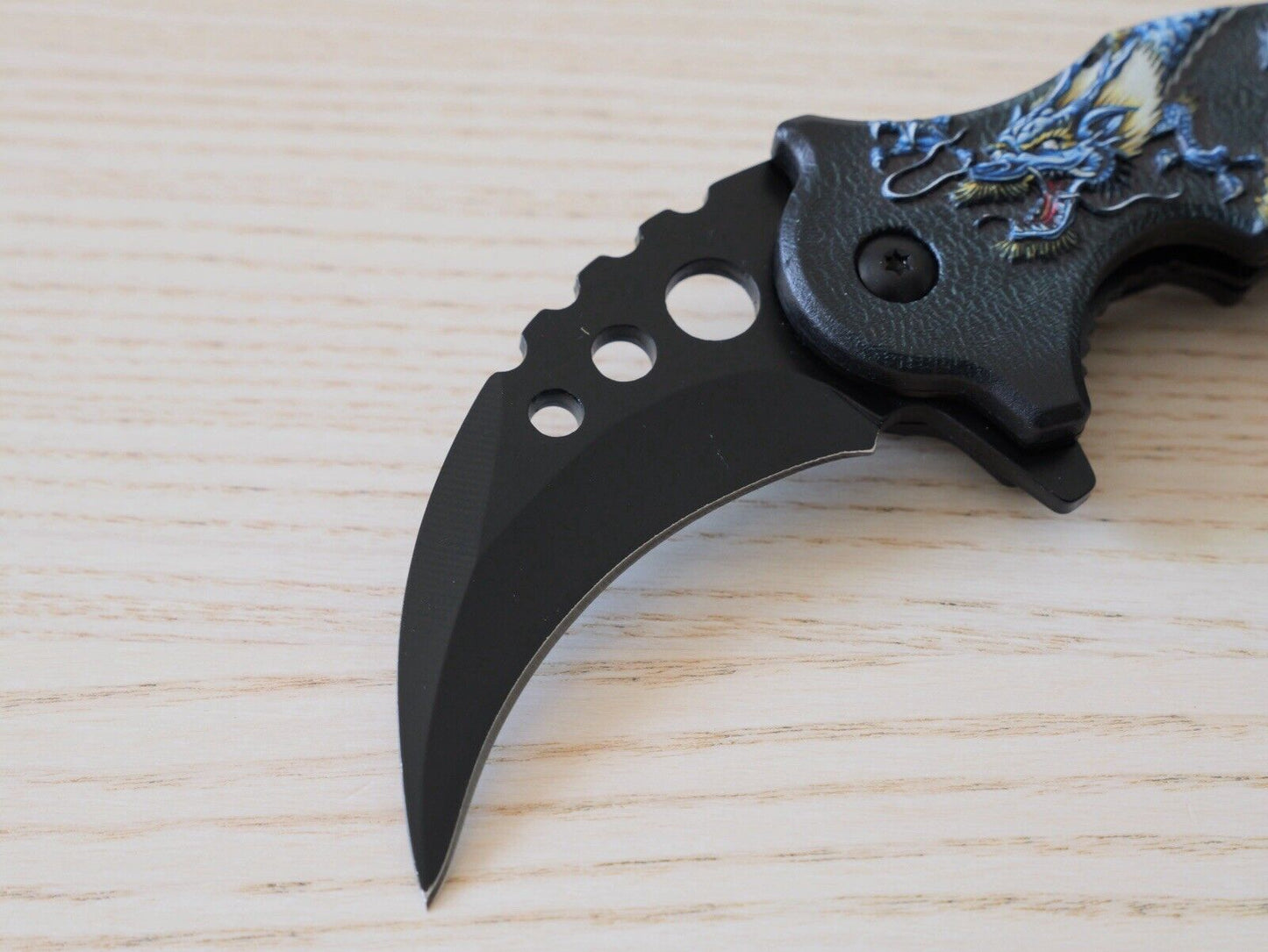 Folding Pocket Knife KARAMBIT Blue Dragon Black Spring Assisted Pocket Clip Edc