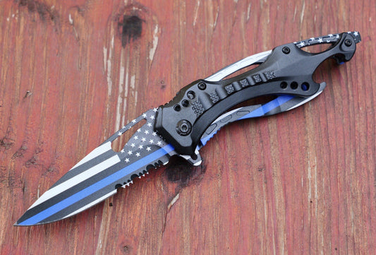 Full Size Pocket Knife Spring Assist Police Back The Blue Thin Blue Line Us Flag
