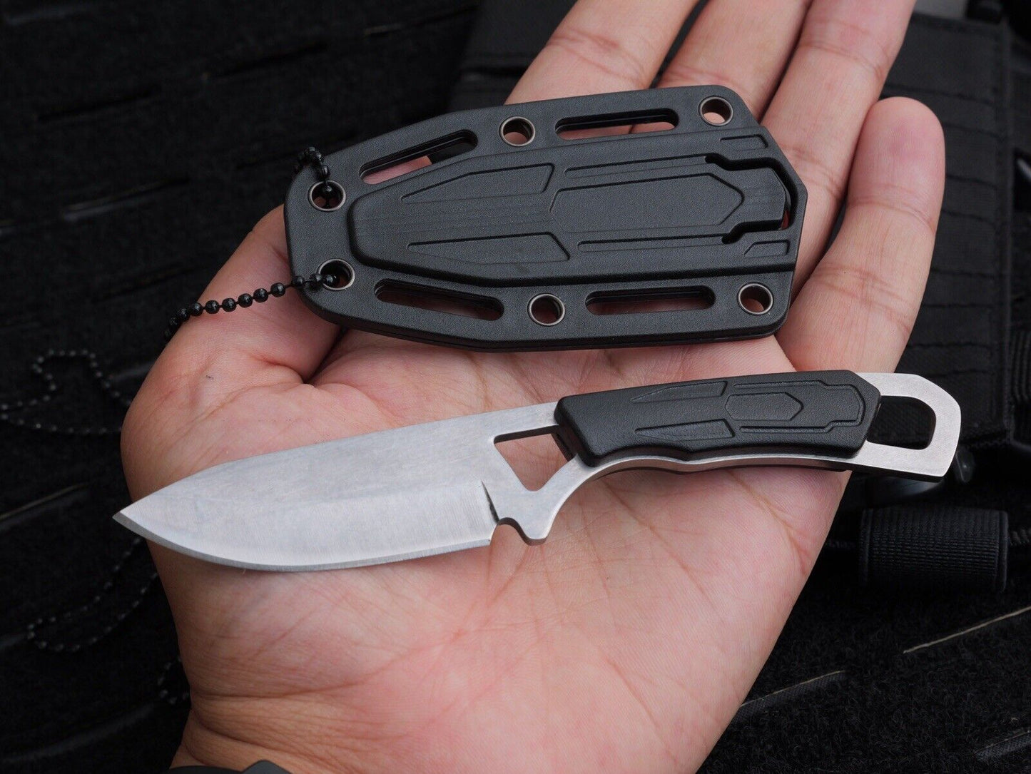 6” Neck Knife Black Drop Point Full Tang Shadow Ops Stealth Secure Hard Sheath