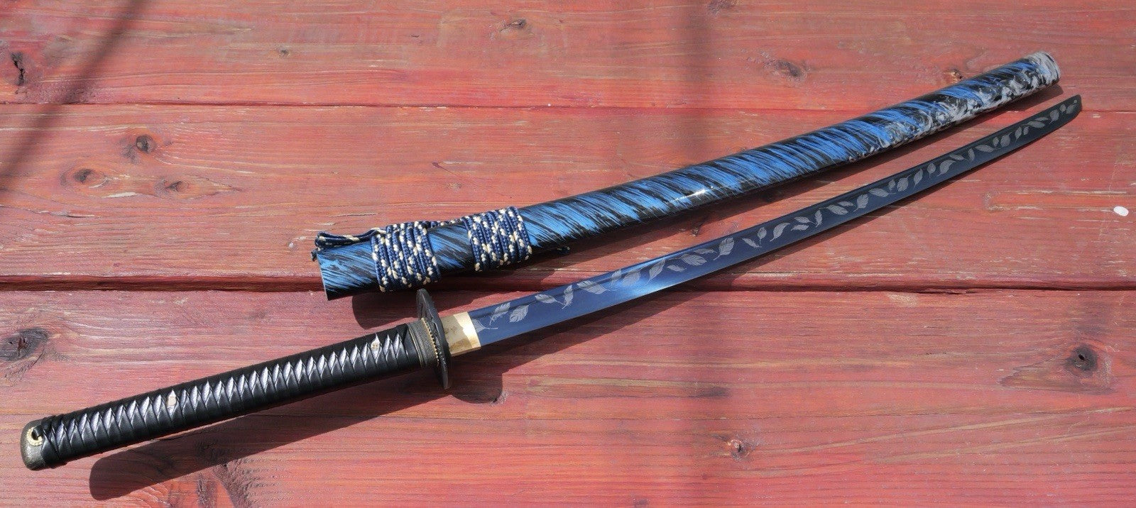 41" Katana Samurai Sword Japanese Blue Blade Feather Design Art Handmade Sharp