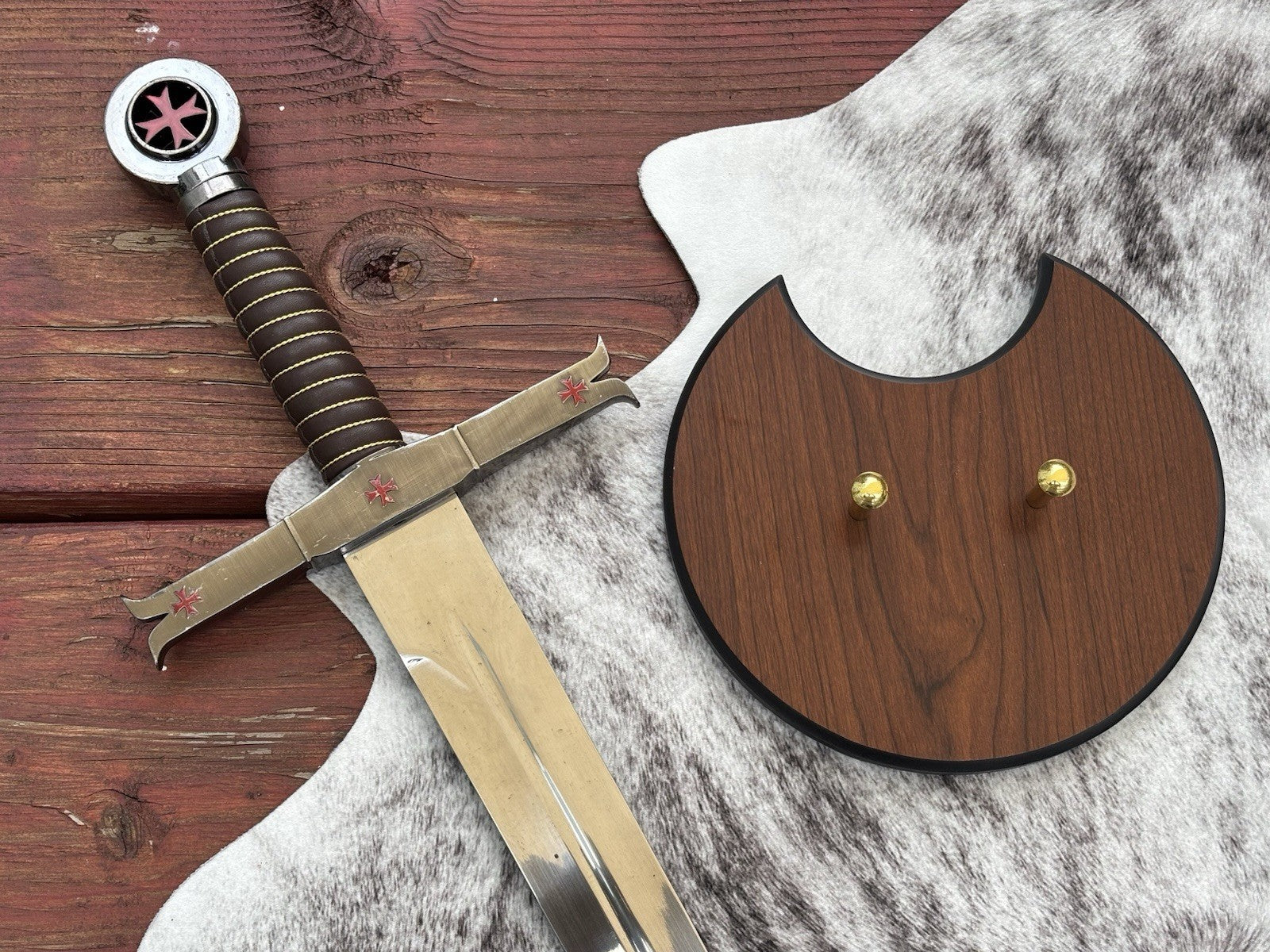 39” Knights Templar Sword Wood Display Plaque Mirror Finish Gray Cross Pommel