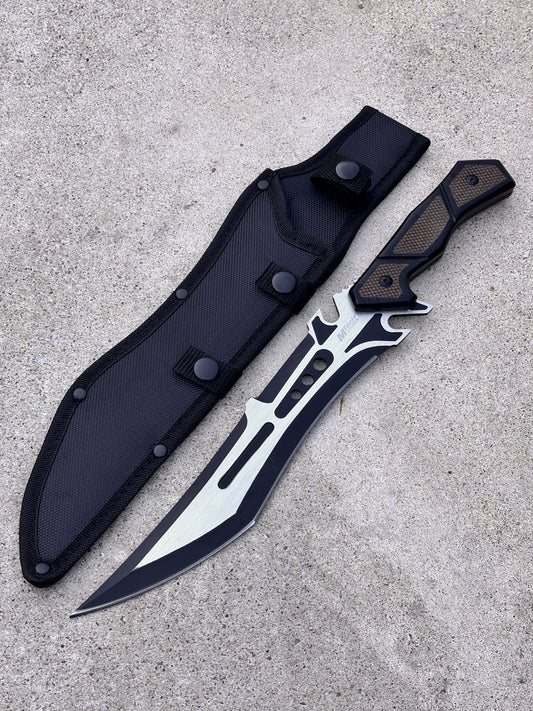 15” Fixed Blade Knife Wood Handle Black Grey Sci-fi Nylon Sheath Full Tang