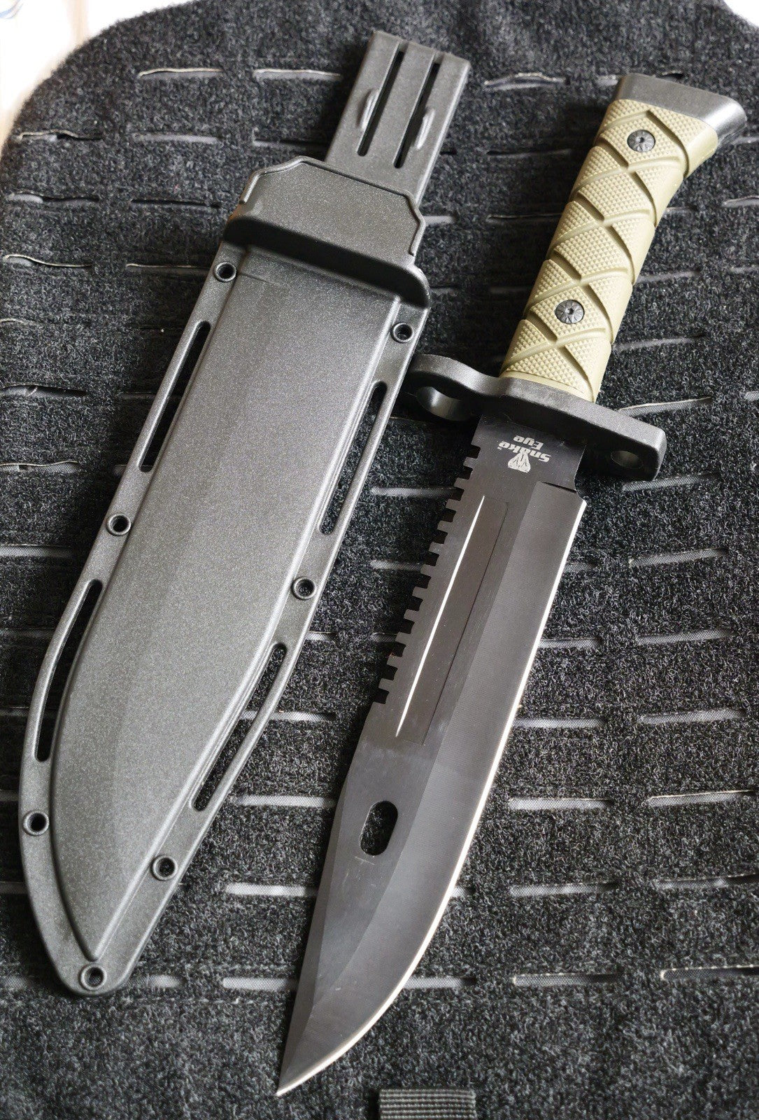 14” Fixed Blade Knife Black Blade Full Tang Rubber Handle Sawback Sharp Bayonet