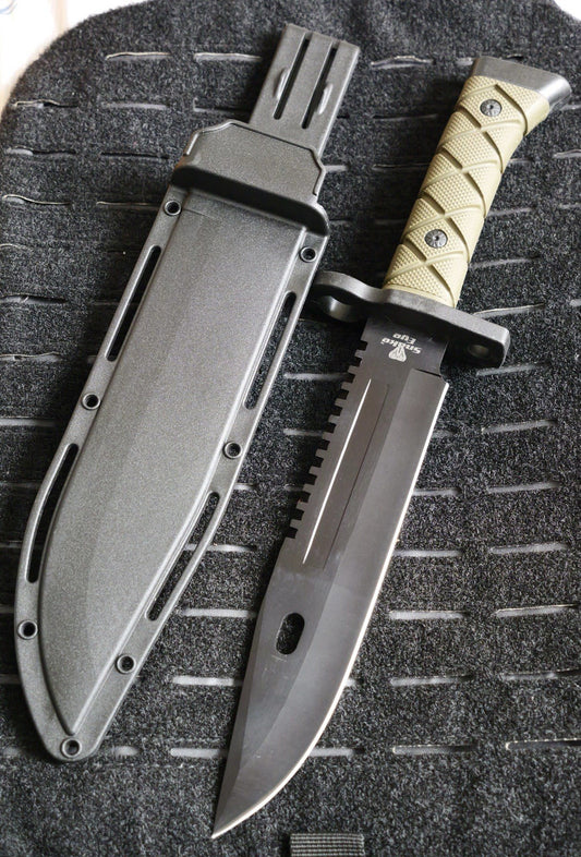 14” Fixed Blade Knife Black Blade Full Tang Rubber Handle Sawback Sharp Bayonet