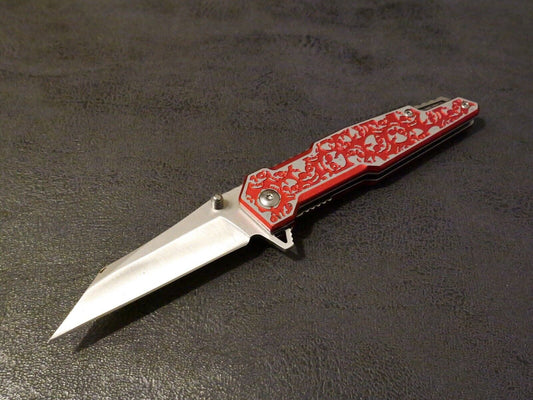 Red Pocket Knife 8” Overall Size M Wharncliffe Blade Full Metal Skulls Assist