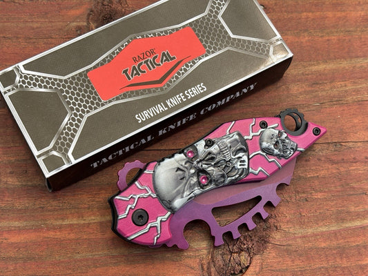 Skull Pocket Knife Pink Spring Assist Full Size Unique Design Fantasy belt clip