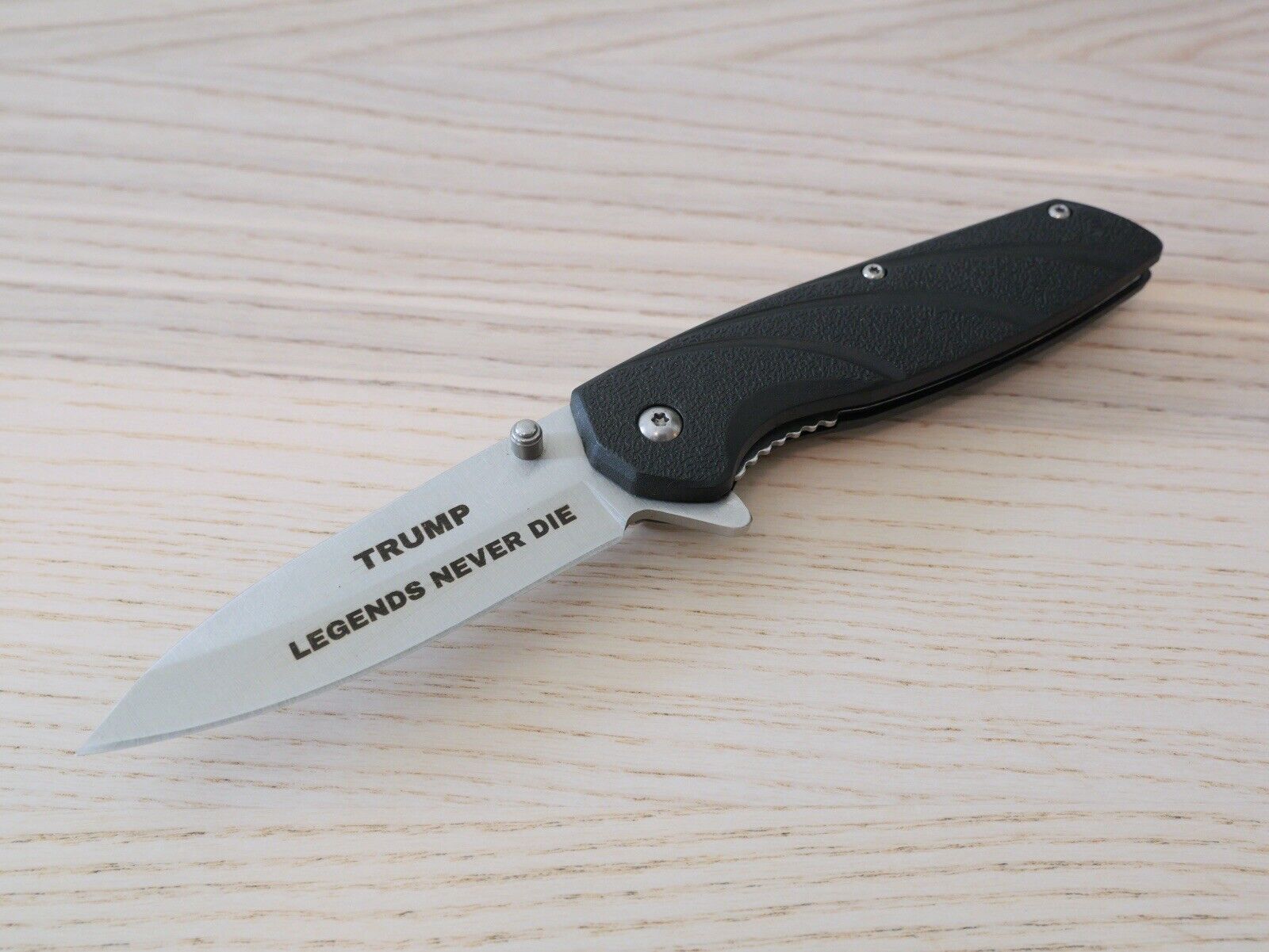 Trump Pocket Knife Black Legends Never Die Full Size Pocket Clip Black Assisted