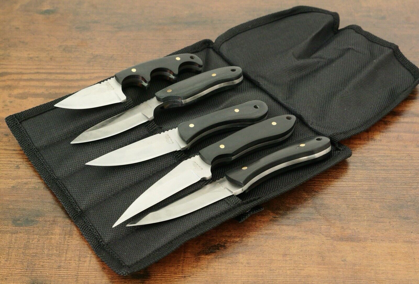 5pc Survival Knife Set Fixed Blade Wood Handle Nylon Sheath Black Full Tang Edc