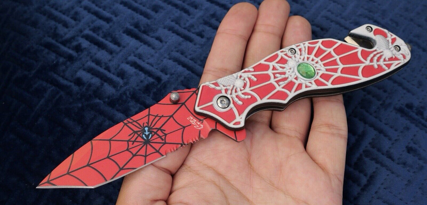 Red Pocket Knife Tanto Spider Web Window Punch Seat Belt Cutter Assisted Sharp