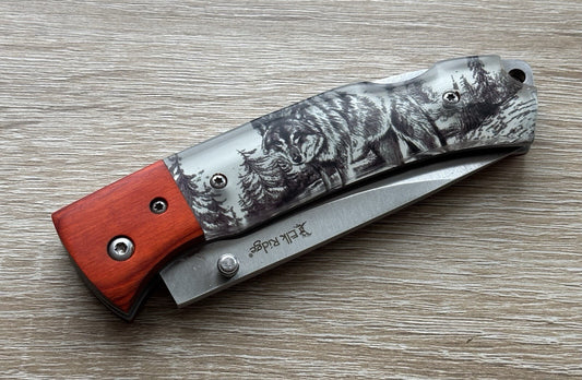 Elk Ridge Pocket Knife Wolf Manual Lockback Medium Size Wood Handle
