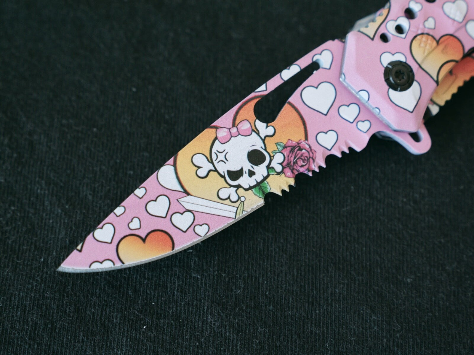 Pink Manga Pocket Knife Kuwaii Skull Heart Spring Assist Bottle Opener Cute