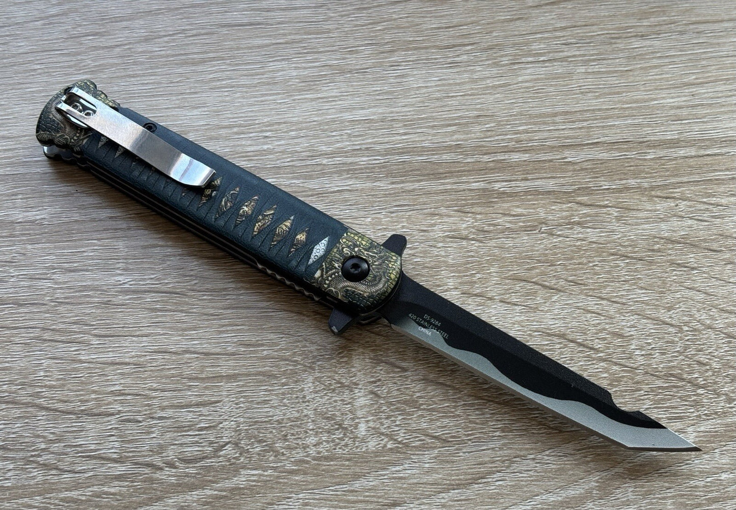 Full Size Pocket Knife Spring Assist Katana Samurai Style Blood Groove Black