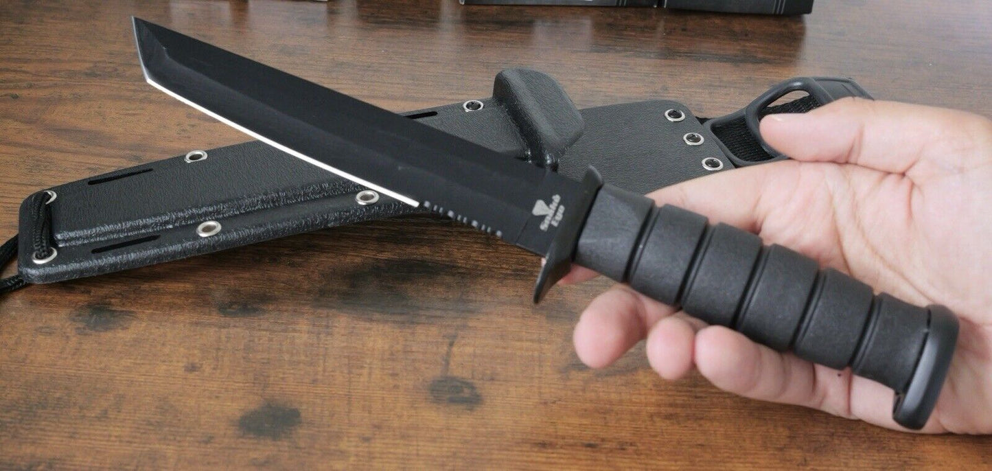 12” Fixed Blade Knife Stealth Black USMC Style Tanto Hard Kydex Sheath Full Size