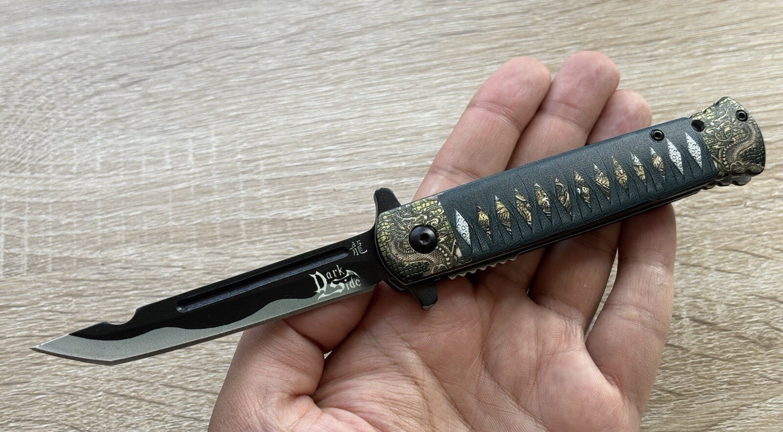 Full Size Pocket Knife Spring Assist Katana Samurai Style Blood Groove Black