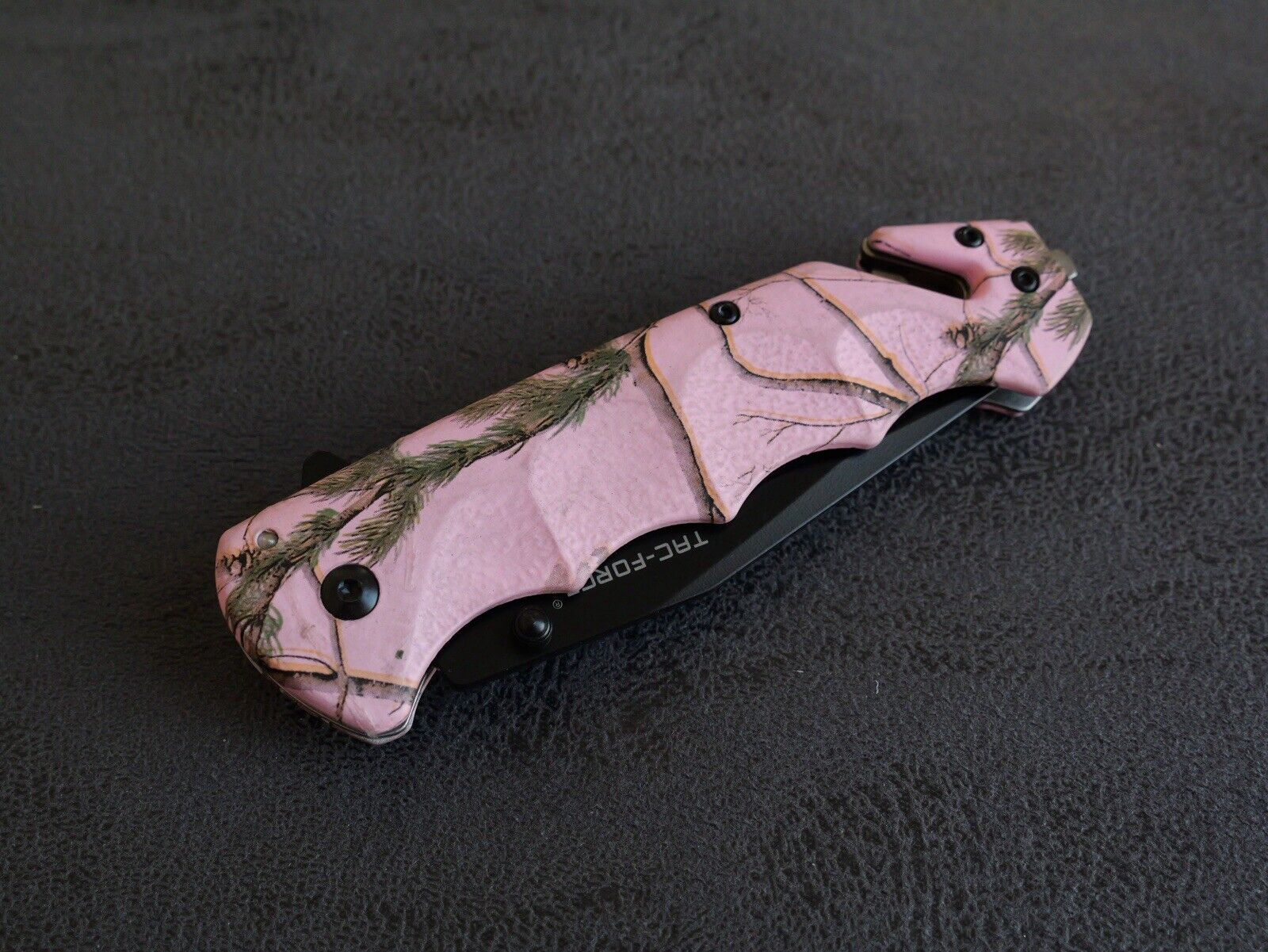 Pink Camo Pocket Knife Spring Assist Window Punch Cutter Black Blade Full Size