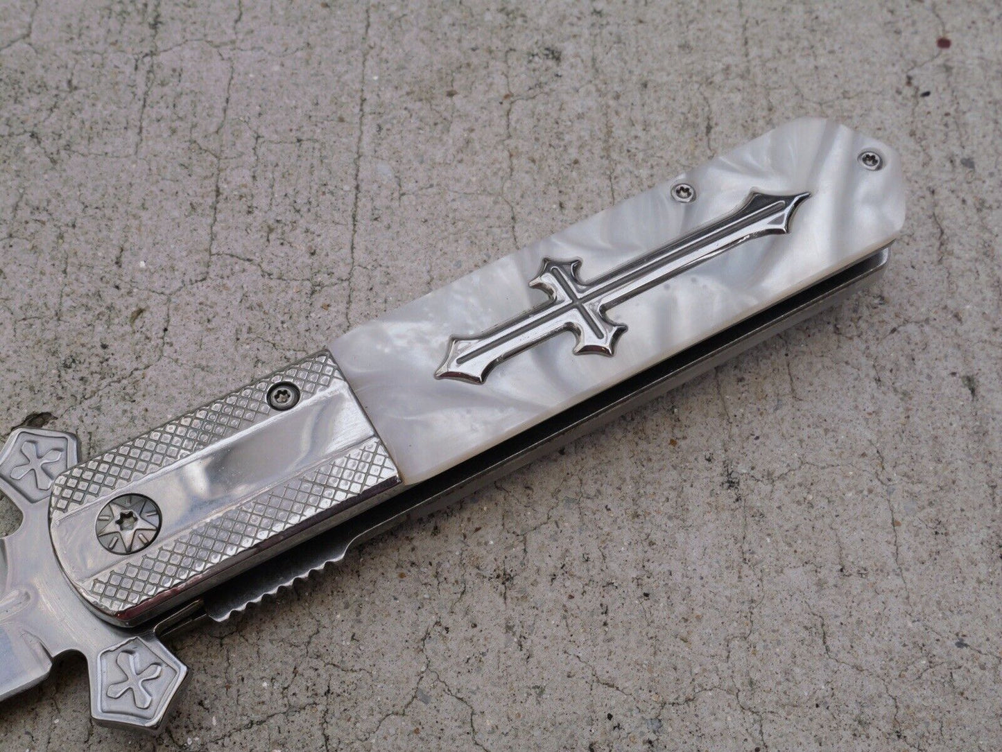 Cross Pocket Knife Full Size Spring Assisted Pearl Handle Spear Point Belt Clip