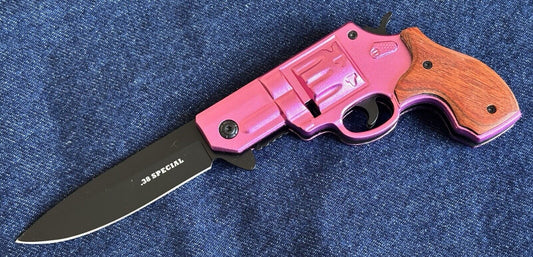 Folding Pocket Knife Pink Pistol Design Sheriff  Pocket Clip 3” Blade Sharp