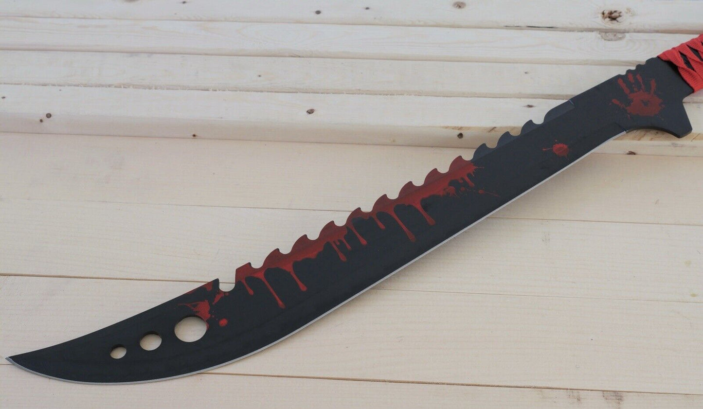 25” Machete Full Size Sawback Black Red Sharp Full Tang Nylon Sheath Back Strap