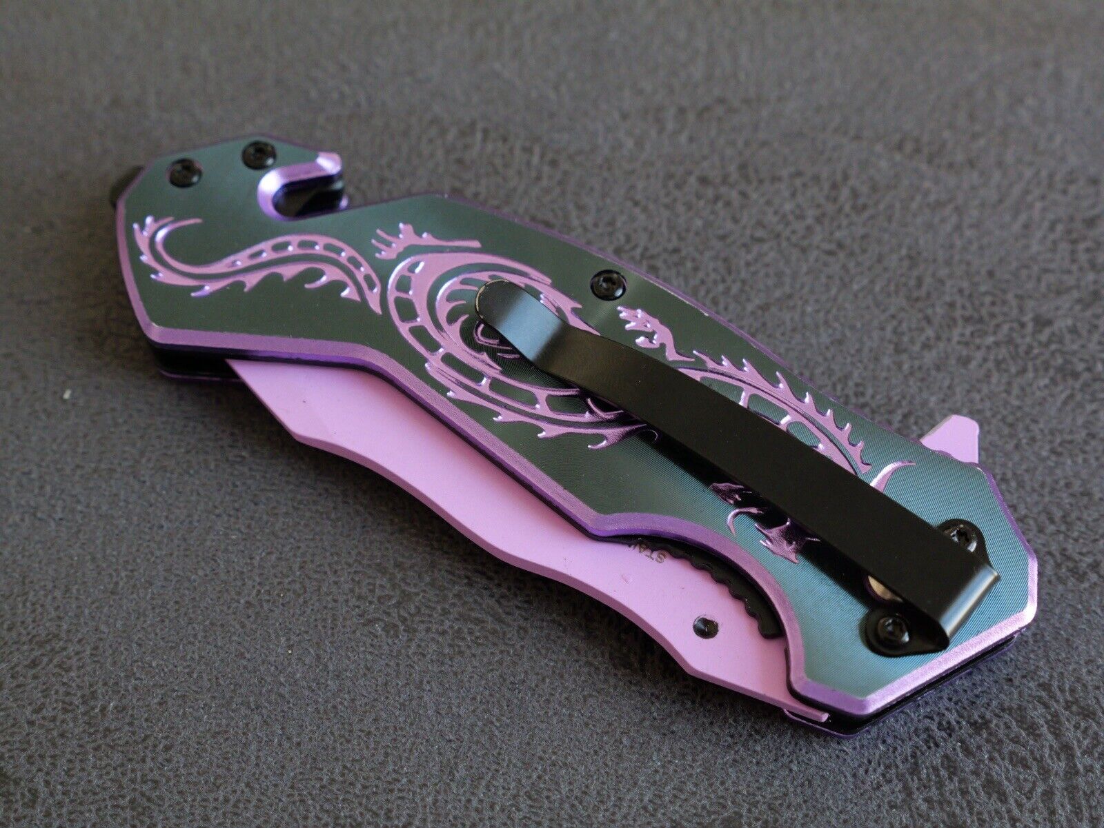 Pink Spring Assist Knife Dragon Full Size Window Punch Belt Cutter Pocket Knife