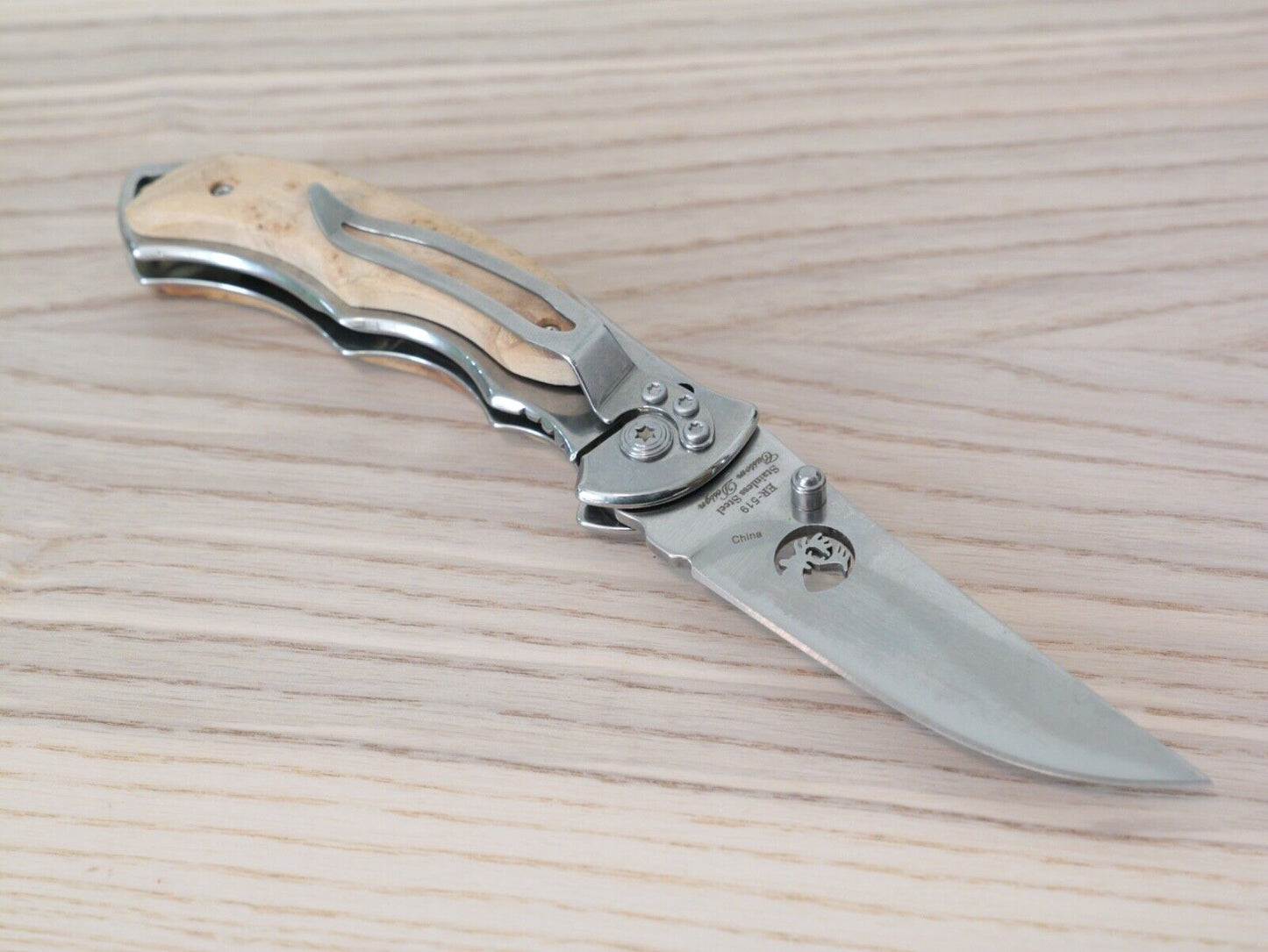 Elk Ridge Manual Pocket Knife Burlwood Handle Stainless Steel Chrome Belt Clip
