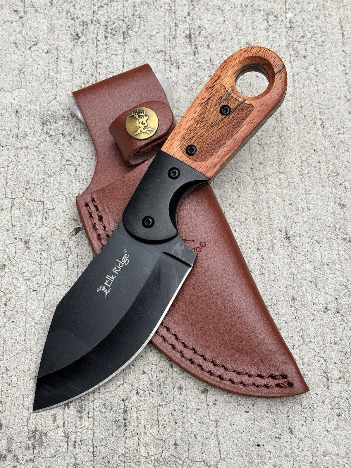 Elk Ridge Black Fixed Blade Knife with Wood Handle & Sheath – Durable & Sharp