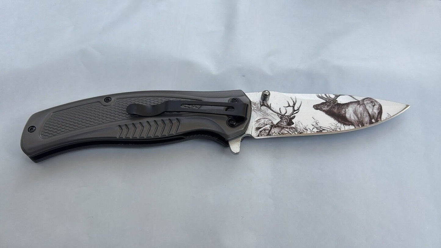 Deer Pocket Knife Full Size Spring Assist Metal Handle Etched Blade Modern New