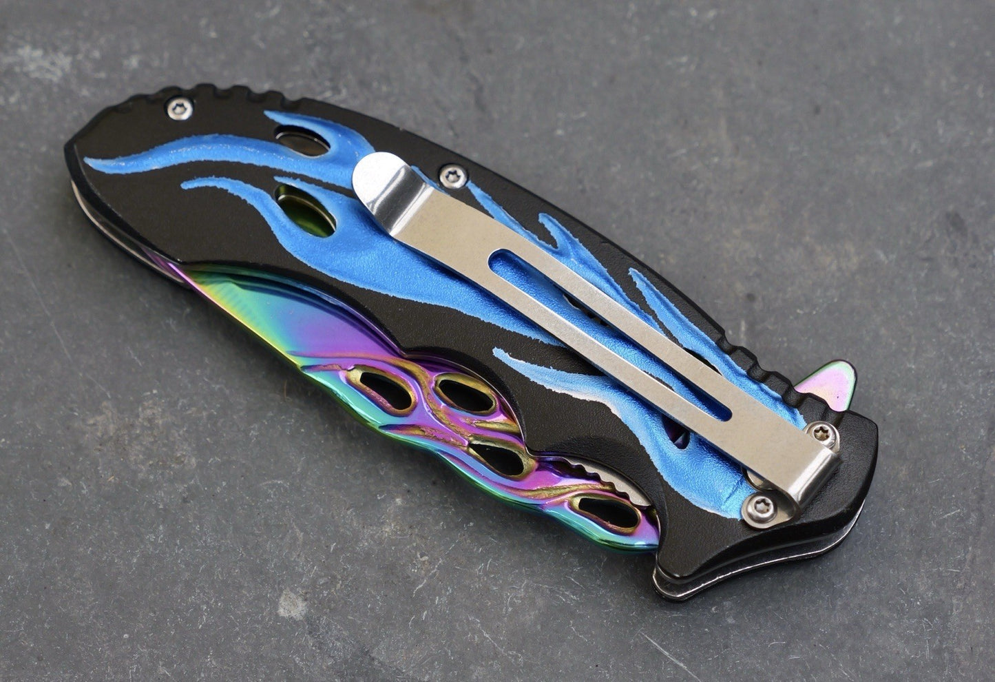 Blue Flame Pocket Knife Spring Assist Titanium Blade Serrated Sharp