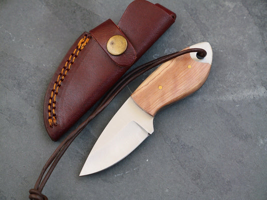 5” Fixed Blade Knife Mini Full Tang Leather Sheath 2” Blade Sharp Wood Handle