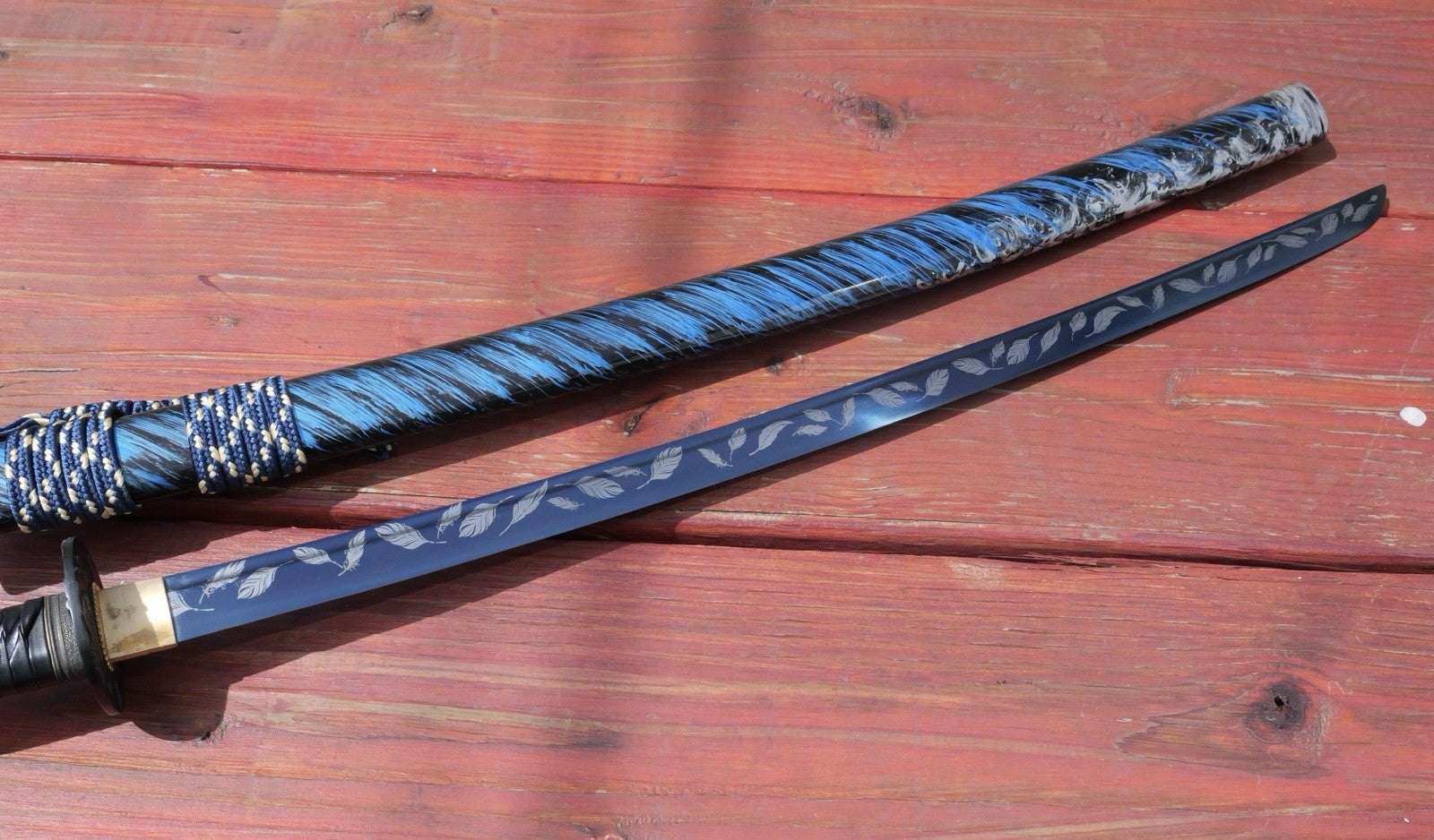 41" Katana Samurai Sword Japanese Blue Blade Feather Design Art Handmade Sharp