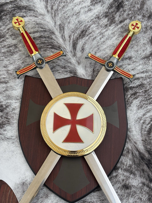 30” Knights Templar Sword Set Wood Shield Display Plaque Wall Mount Mirror Shine