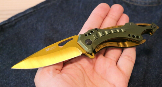 Full Size Spring Assist Pocket Knife Green Bottle Opener Screw Driver 3.5" Blade
