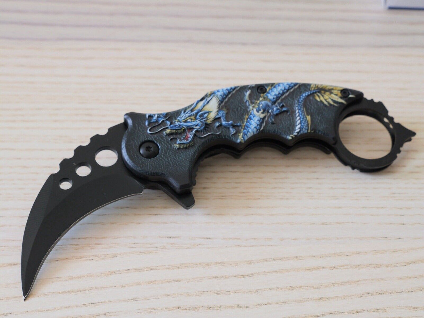 Folding Pocket Knife KARAMBIT Blue Dragon Black Spring Assisted Pocket Clip Edc