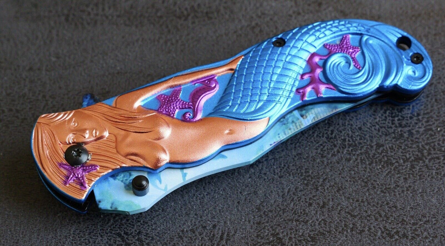 Mermaid Dolphins Pocket Knife Full Size Ocean Sharp Hand Painted Spring Assist