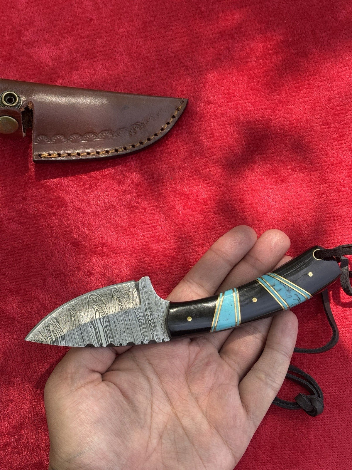 7” Fixed Blade Knife 3” Blade Full Tang Leather Sheath Black Blue Hand Forged 