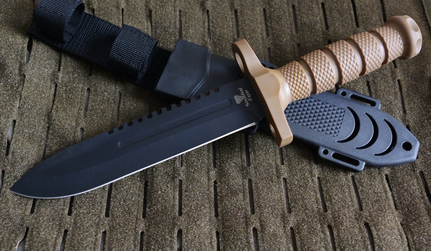 12” Fixed Blade Knife Black Blade Full Tang Rubber Handle Sawback Sharp Bayonet