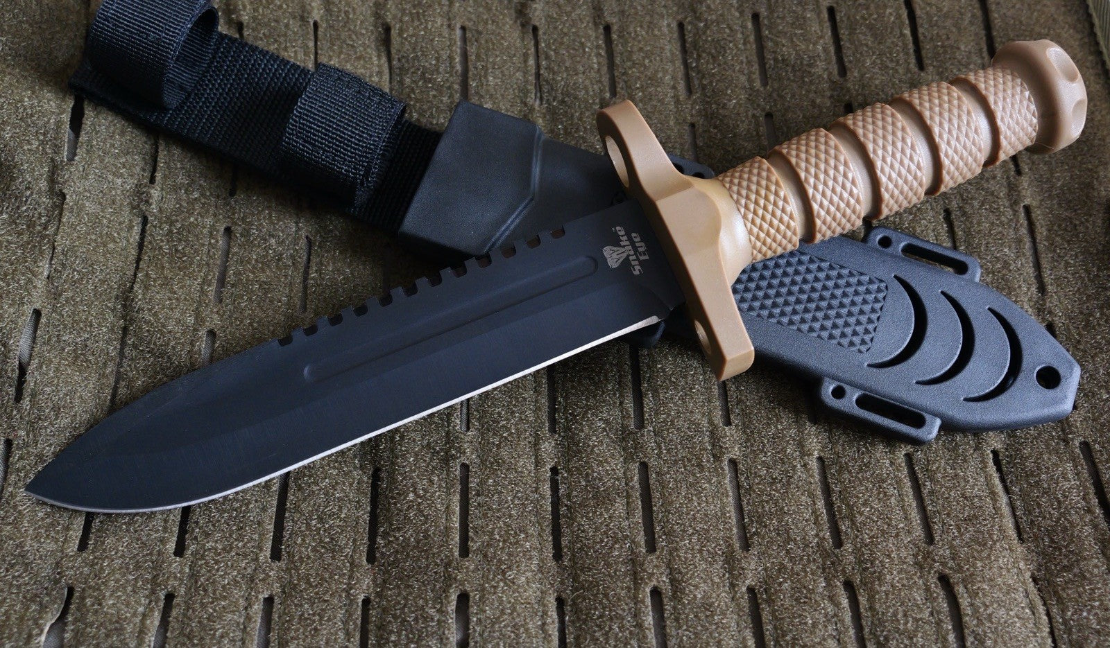12” Fixed Blade Knife Black Blade Full Tang Rubber Handle Sawback Sharp Bayonet