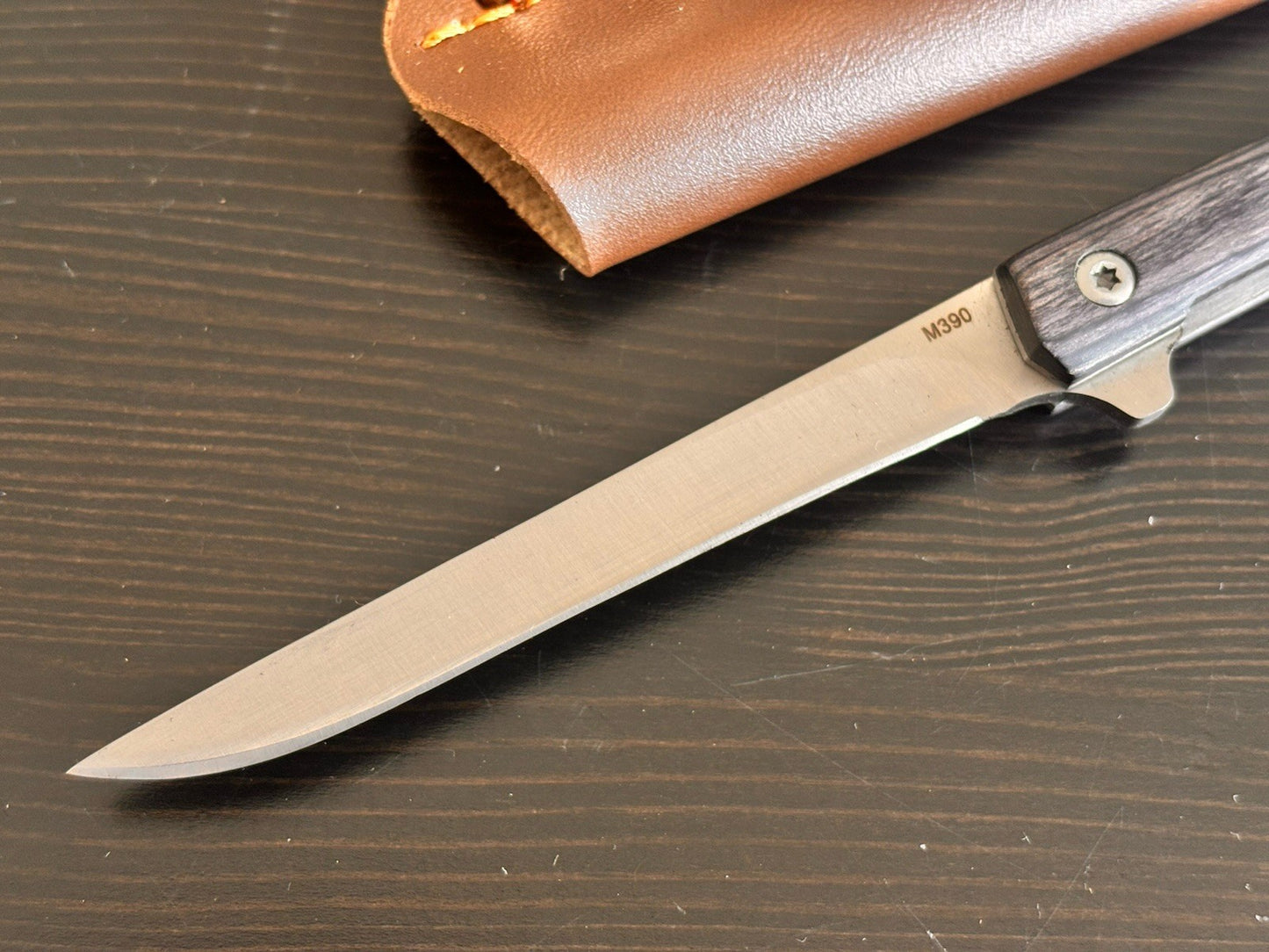 Slim Pocket Knife Folding Wood Handle Razor Sharp M390 Steel CEO Leather Sheath