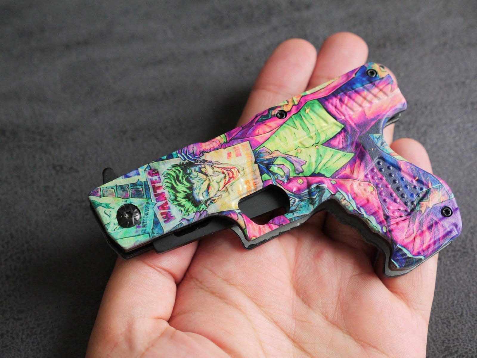 DARK KNIGHT ASSISTED Black Gun Pistol Joker WHY SO SERIOUS FOLDING Pocket KNIFE