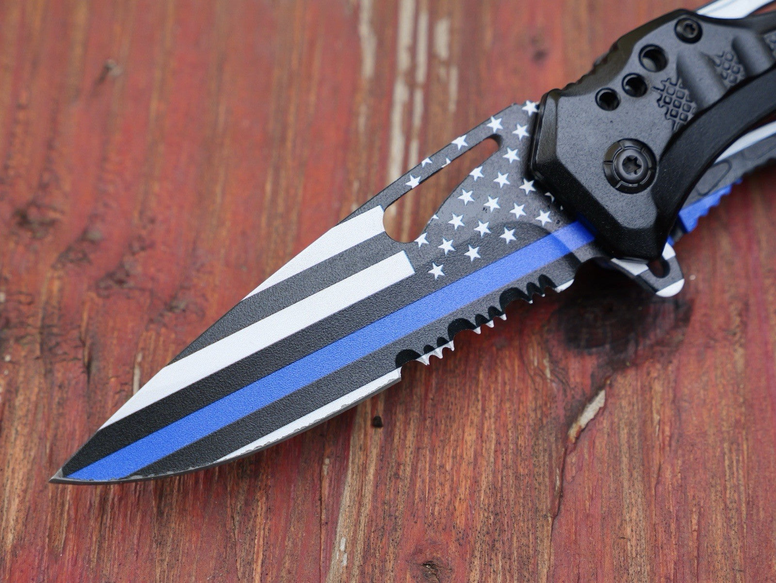 Full Size Pocket Knife Spring Assist Police Back The Blue Thin Blue Line Us Flag