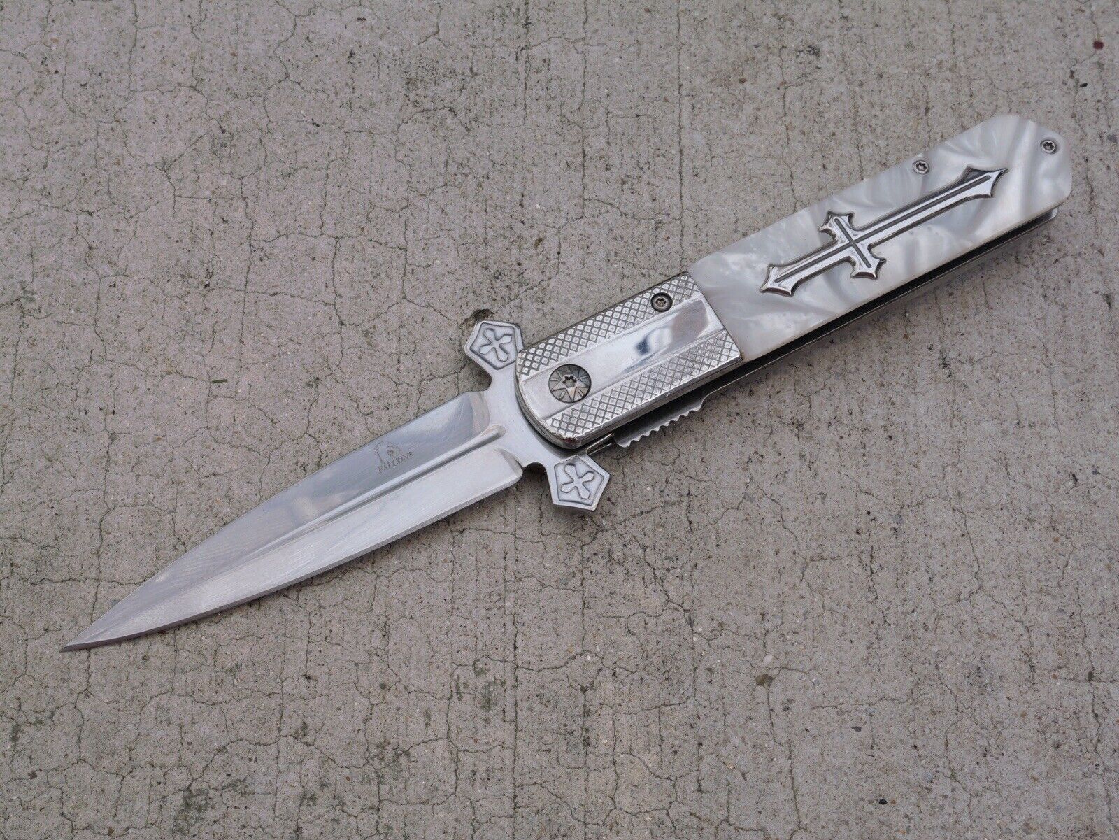Cross Pocket Knife Full Size Spring Assisted Pearl Handle Spear Point Belt Clip