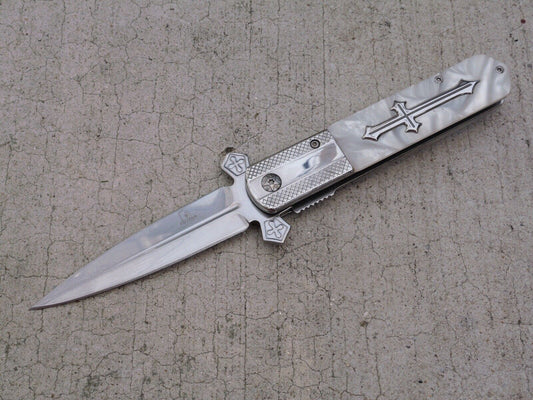 Cross Pocket Knife Full Size Spring Assisted Pearl Handle Spear Point Belt Clip