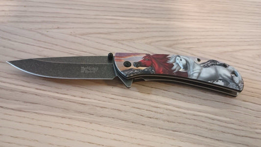 Horse Pocket Knife Full Size Equestrian Stonewashed Blade Collectible Pony Clip